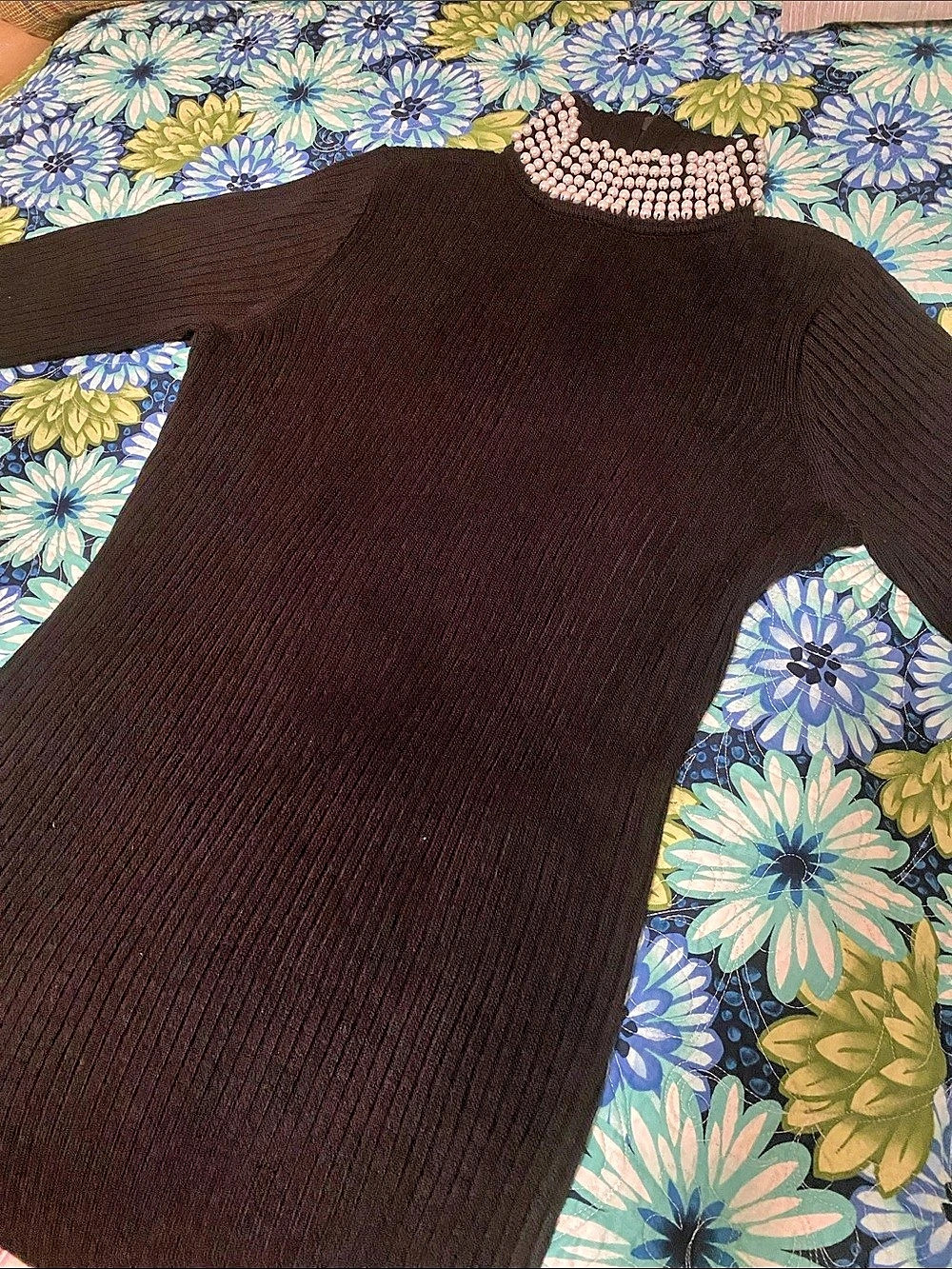 Calvin Klein Pearl Embellished Black Long Sleeve Dress